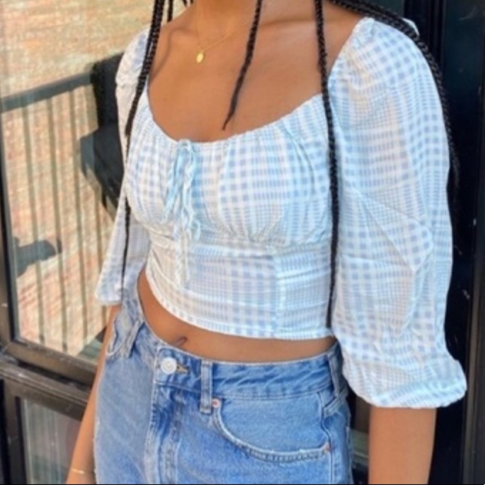 Urban Outfitters Blue Gingham Crop Top ruched square neck size small